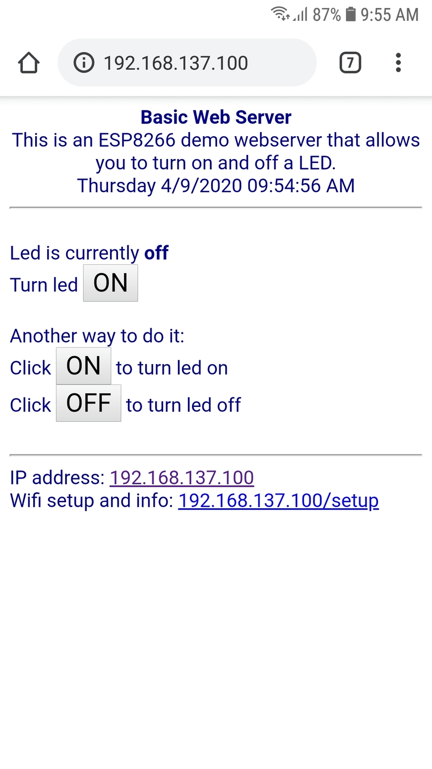 Basic ESP8266 webserver for turning on and off the built-in LED